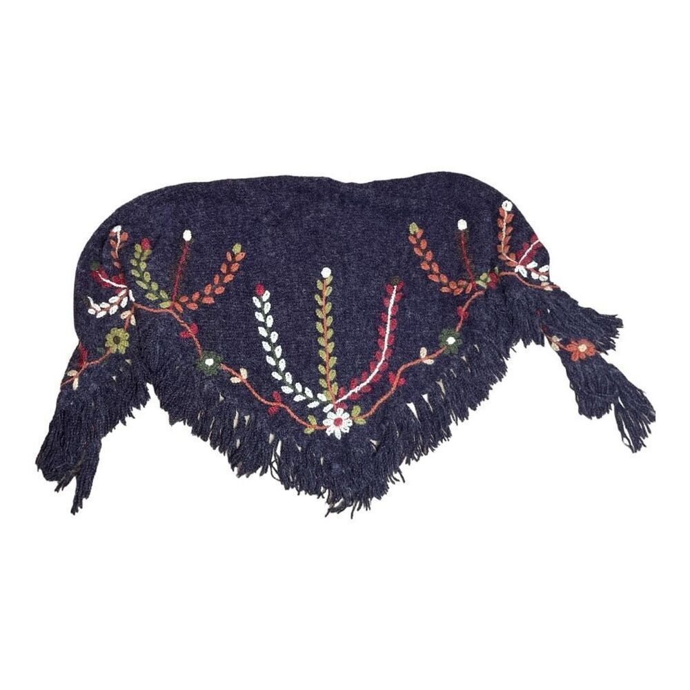 Peruvian Trading Co Fringe Knit Poncho Cape One Size Purple Red Floral - Picture 6 of 10